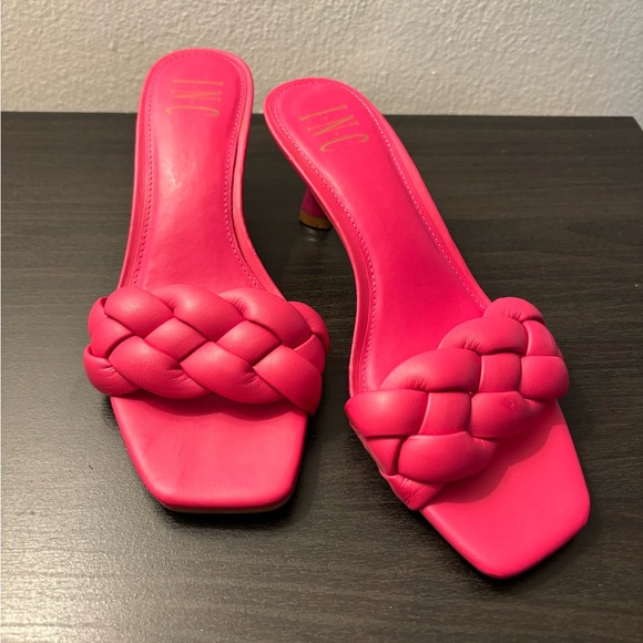 INC Hot Pink Braided Mule Sandals | Size 7.5 | Square Toe Kitten Heels - Picture 2 of 12
